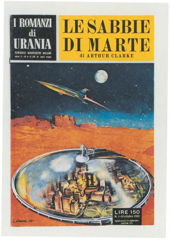 Cover of the first novel from the book series I Romanzi di Urania: The Sands of Mars by Arthur Clarke. Italy, 10th October 1952 Image licensed under CC BY-SA 4.0